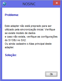 Mensagem indicando ao usuário que o adapter não está preparado para a sincronização