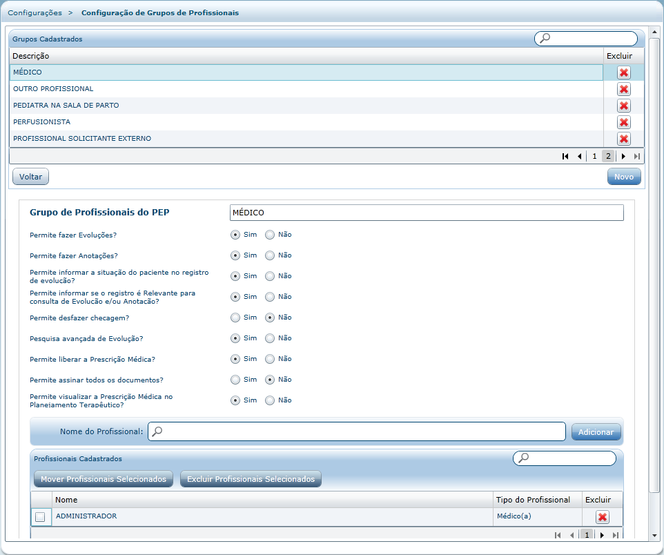 Configurações de Grupos de Profissionais