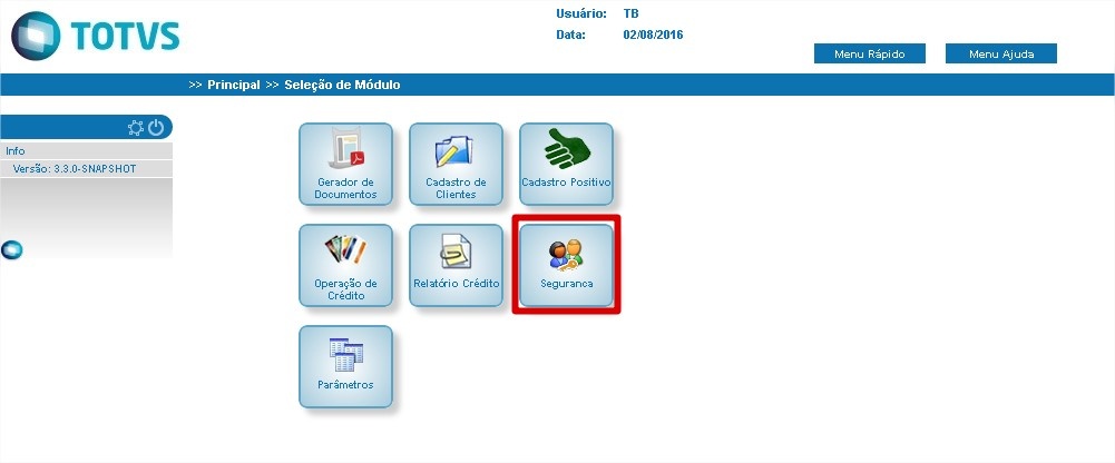 Seleção do Módulo Segurança