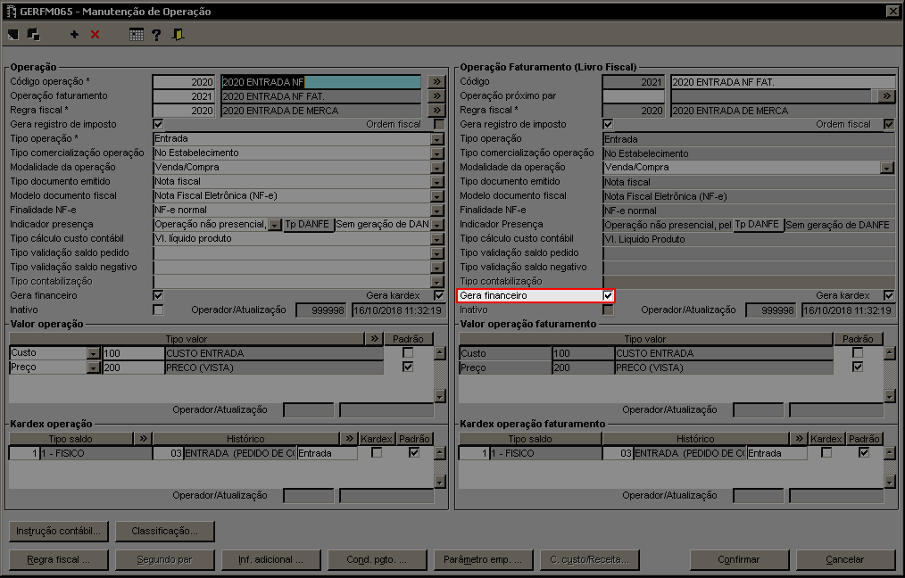GERFM065 - Operação configurada para gerar financeiro
